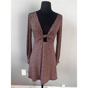 Lush Floral Mini Dress Knotted Open V-Neck Long Sleeve Stretch Women's SMALL